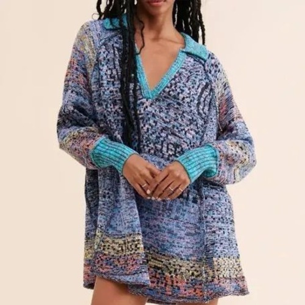 Free People Seasons of Sun Tunic Sweater Dress Boho Marled Knit Blue Multi M